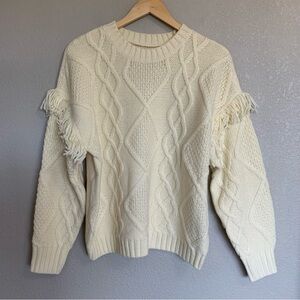 American Eagle Cream Fringe Detail Crewneck Cable Knit Sweater Size Small NWT